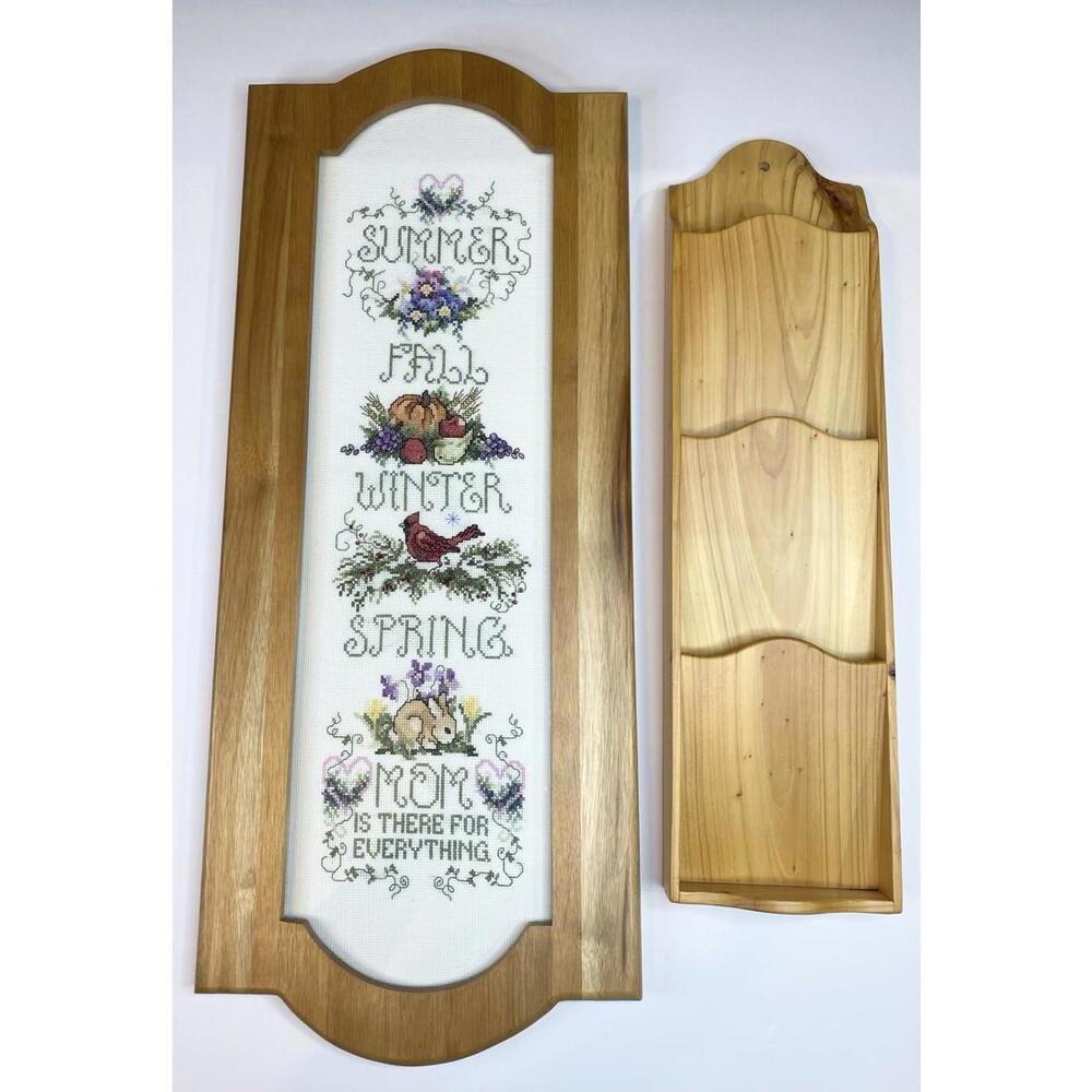 Vintage Cross Stitch Framed Mothers Day Handcrafted Wooden Frame Mail Holder 90s